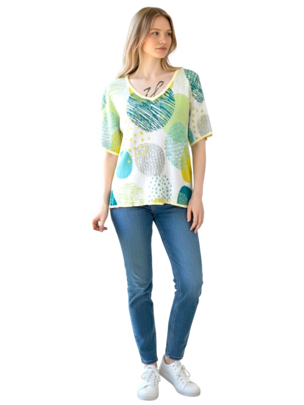 Alison Sheri White/Yellow/Teal Circle Pattern V-Neck Short Sleeve Knit Top (L)
